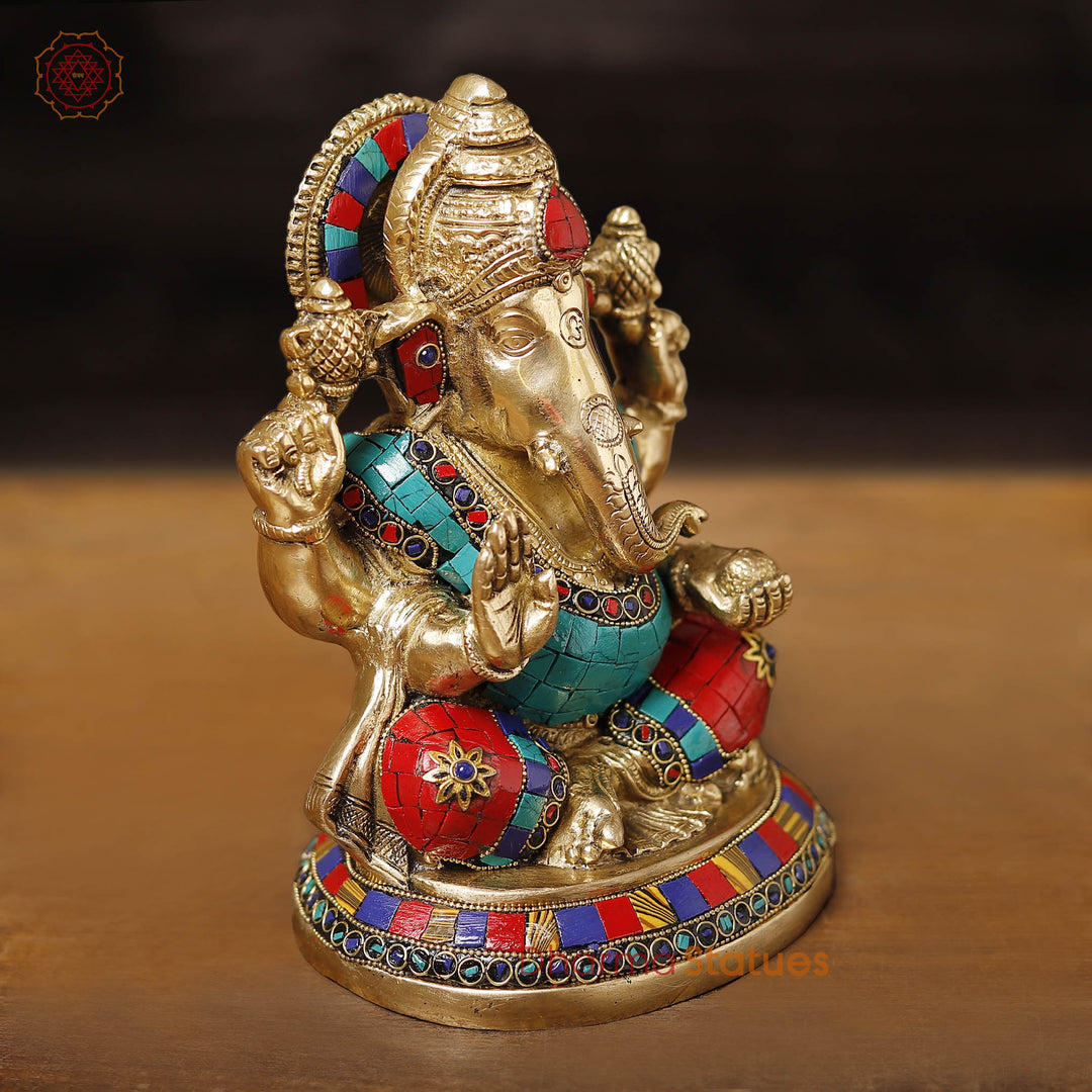 Brass Ganesh Sitting Stone Work, golden finish and intricate stone work, 8"