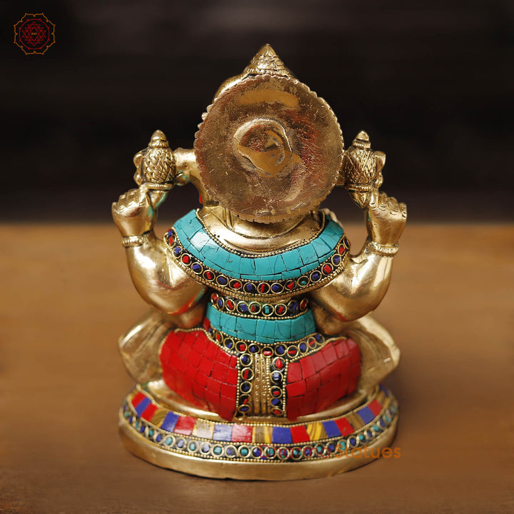 Brass Ganesh Sitting Stone Work, golden finish and intricate stone work, 8"