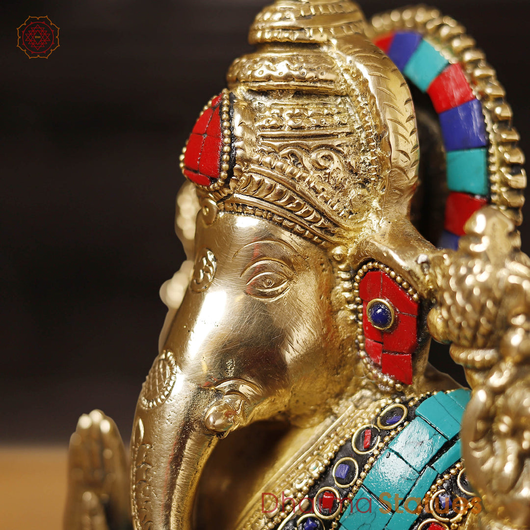 Brass Ganesh Sitting Stone Work, golden finish and intricate stone work, 8"