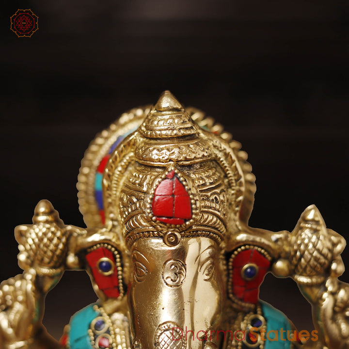 Brass Ganesh Sitting Stone Work, golden finish and intricate stone work, 8"