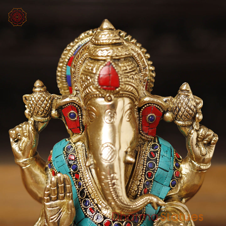 Brass Ganesh Sitting Stone Work, golden finish and intricate stone work, 8"