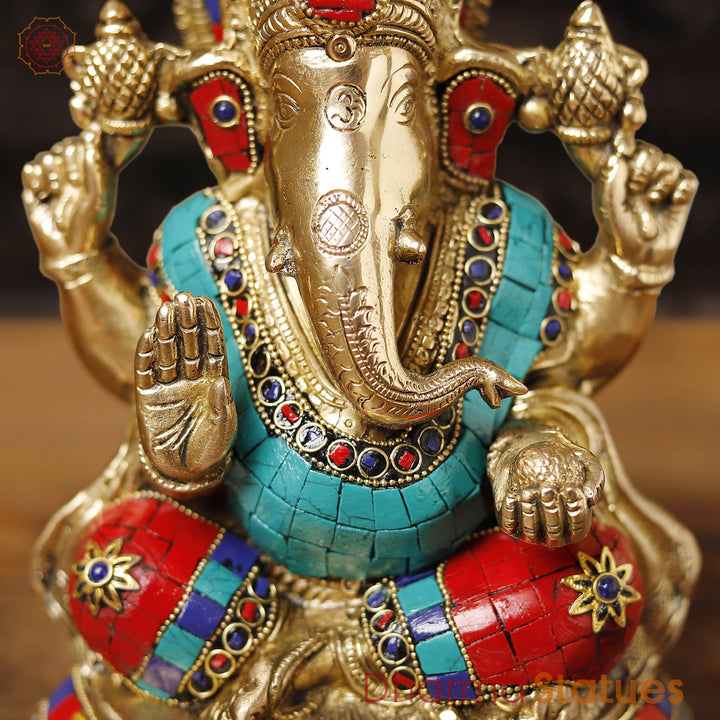 Brass Ganesh Sitting Stone Work, golden finish and intricate stone work, 8"