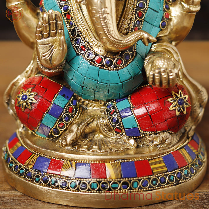 Brass Ganesh Sitting Stone Work, golden finish and intricate stone work, 8"