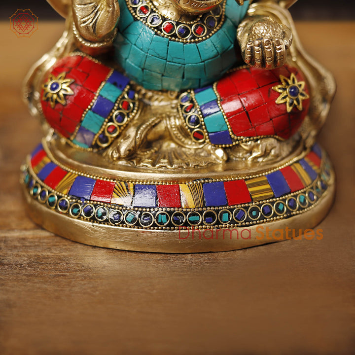 Brass Ganesh Sitting Stone Work, golden finish and intricate stone work, 8"