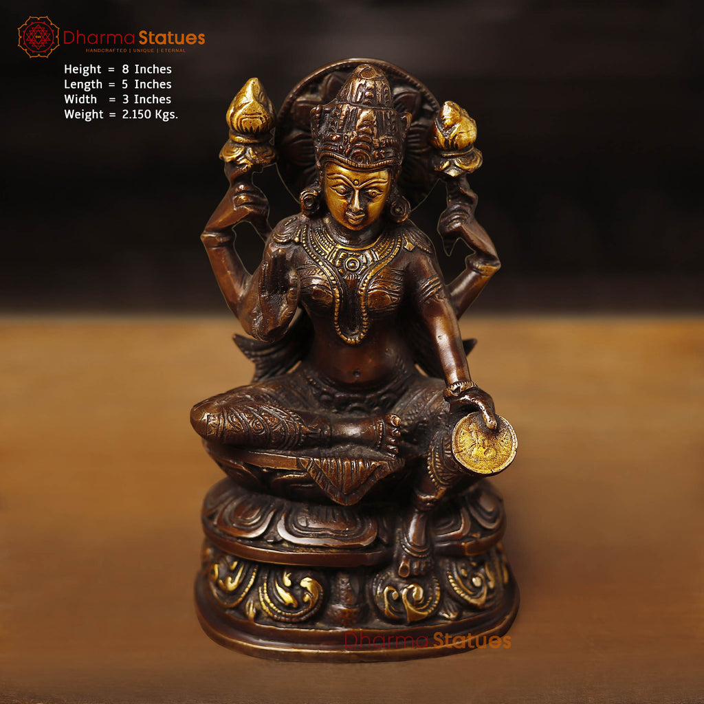 Brass Lakshmi Statue, Sitting on a Pedestal, Copper & Gold Finish 8"