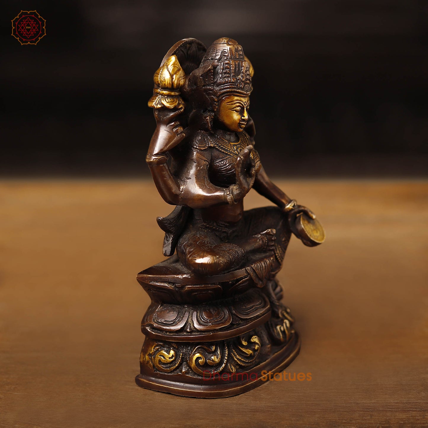 Brass Lakshmi Statue, Sitting on a Pedestal, Copper & Gold Finish 8"