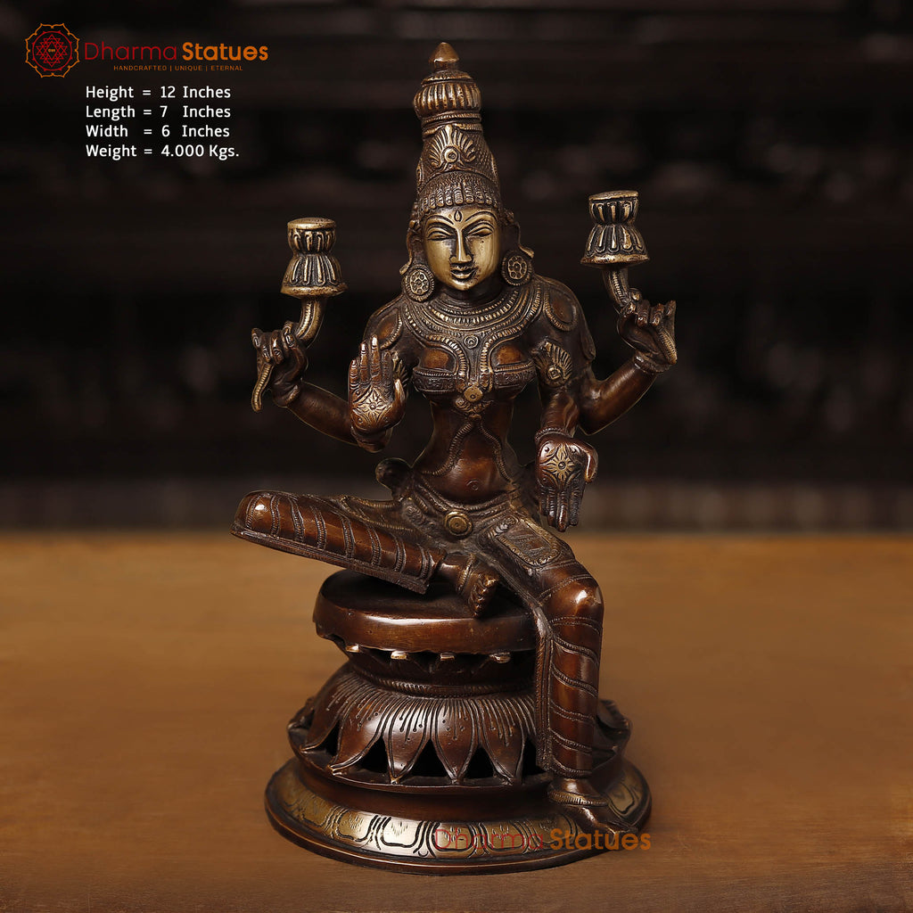 Brass Lakshmi Idol, Sitting on a Lotus Pedastal, Copper Gold Finish, 12"