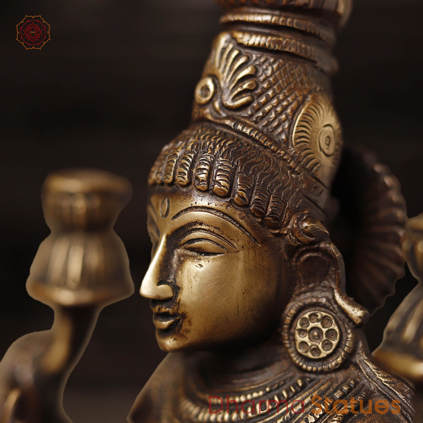 Brass Lakshmi Idol, Sitting on a Lotus Pedastal, Copper Gold Finish, 12"