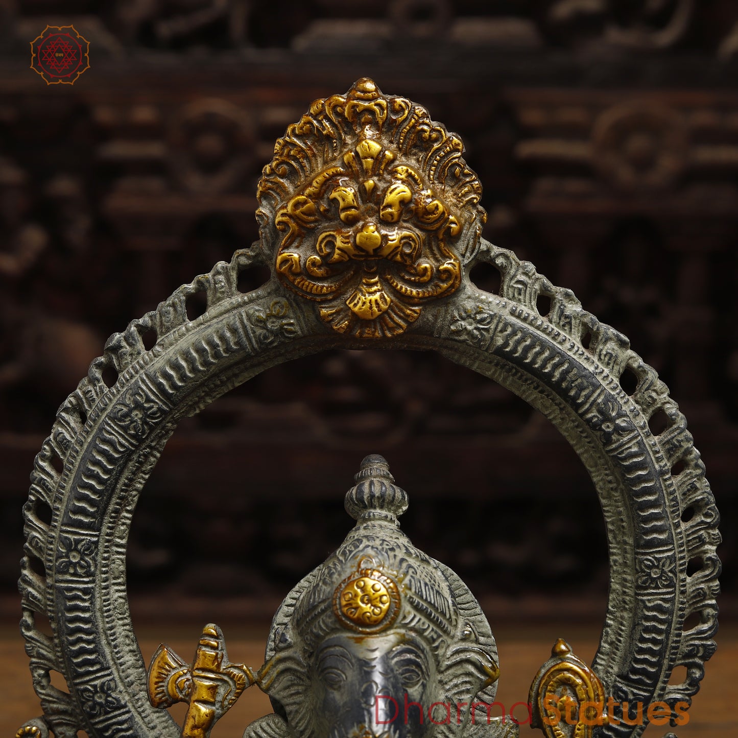 Brass Ganesh seated in Blessing Posture with Frame, Grey & Golden Finish, 12"