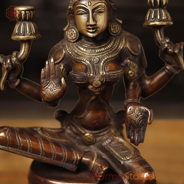 Brass Lakshmi Idol, Sitting on a Lotus Pedastal, Copper Gold Finish, 12"