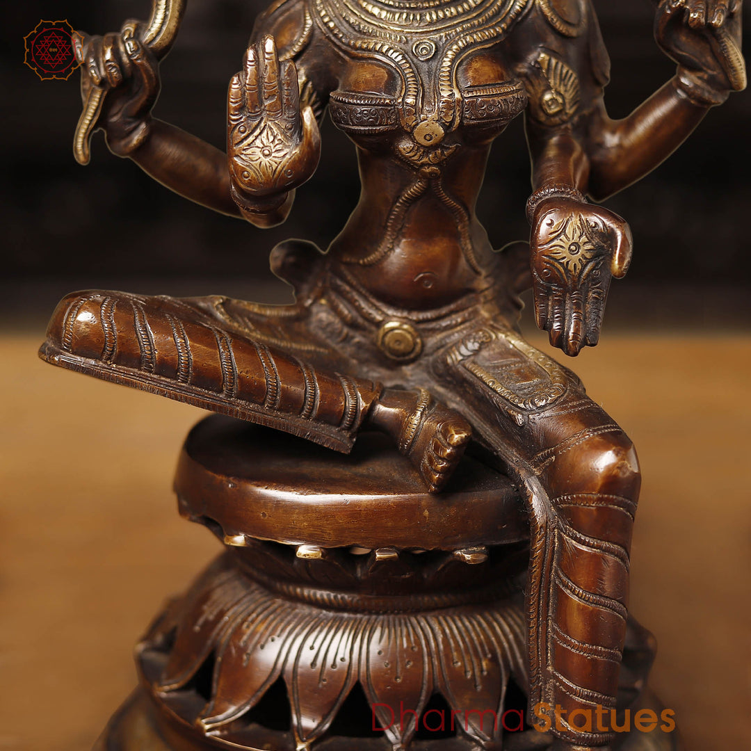 Brass Lakshmi Idol, Sitting on a Lotus Pedastal, Copper Gold Finish, 12"