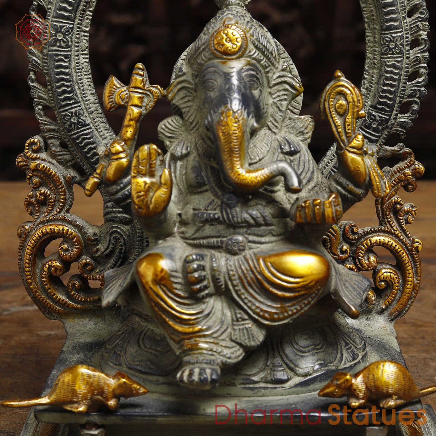 Brass Ganesh seated in Blessing Posture with Frame, Grey & Golden Finish, 12"