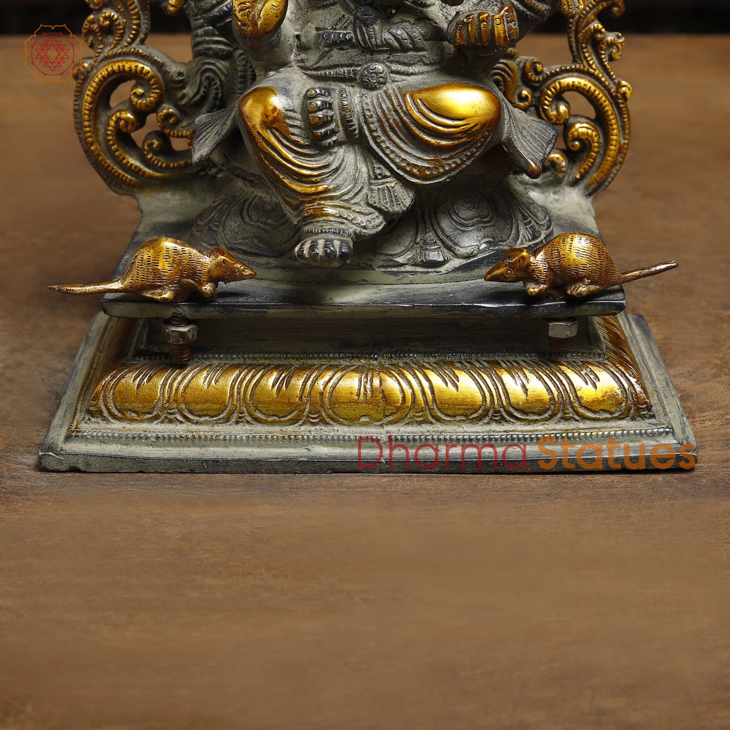 Brass Ganesh seated in Blessing Posture with Frame, Grey & Golden Finish, 12"