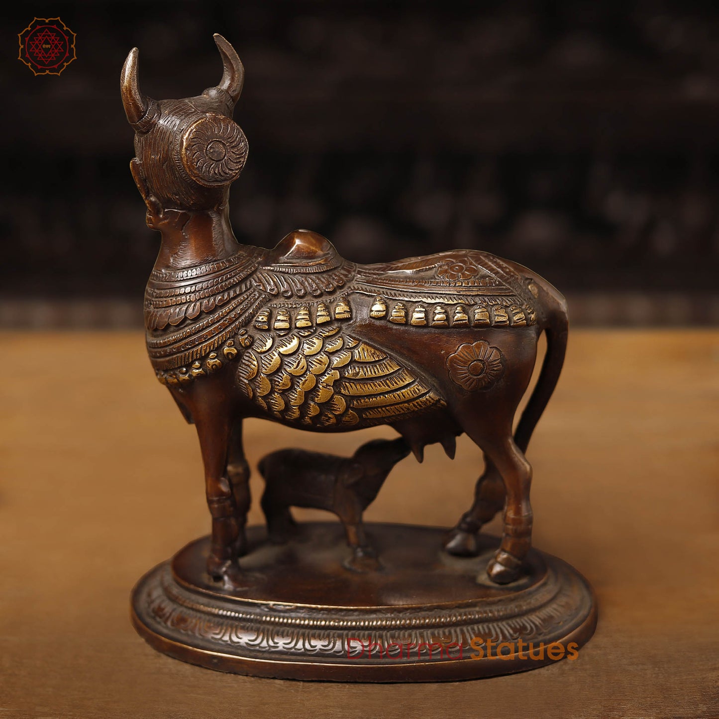 Brass Kamdhenu Cow Idol, Handcrafted Fine Golden with Copper Finish 9"