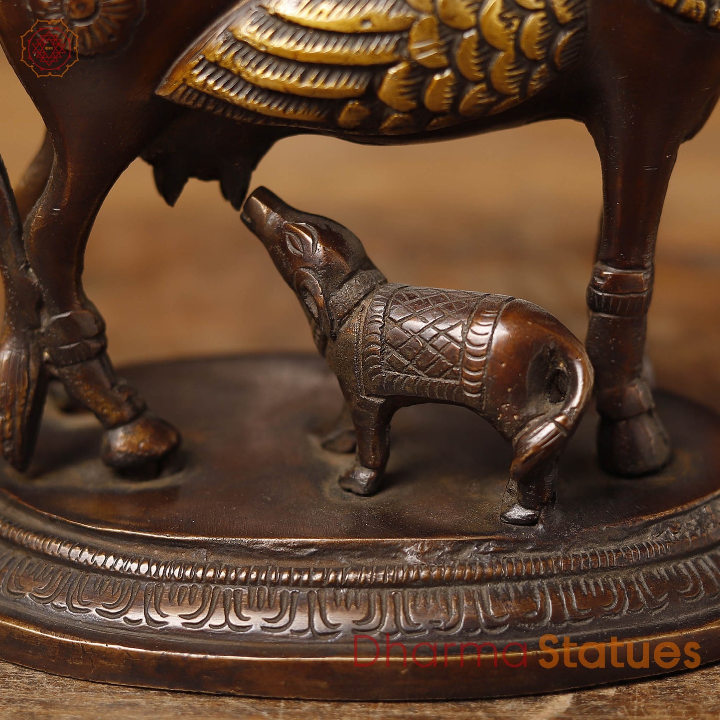 Brass Kamdhenu Cow Idol, Handcrafted Fine Golden with Copper Finish 9"