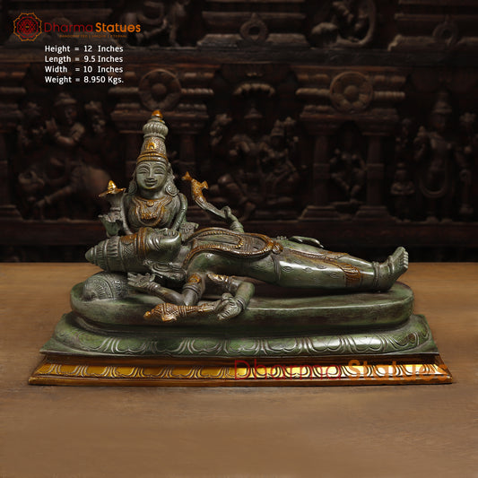 Brass Vishapaharna Lord Shiva Resting in Parvati’s Embrace, Green Patina with Golden Finish, 12"