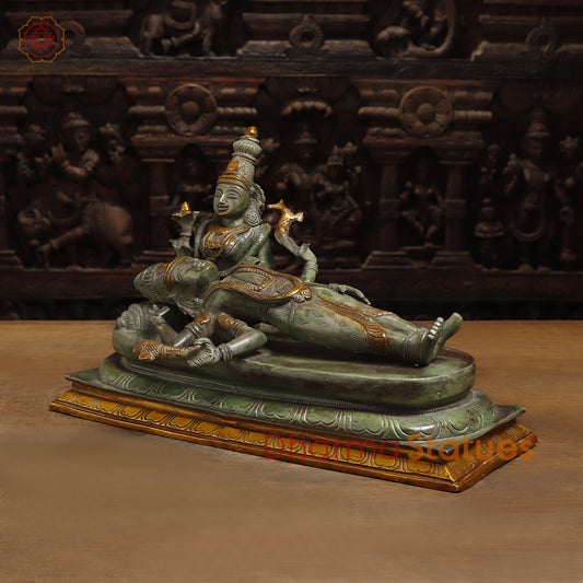 Brass Vishapaharna Lord Shiva Resting in Parvati’s Embrace, Green Patina with Golden Finish, 12"