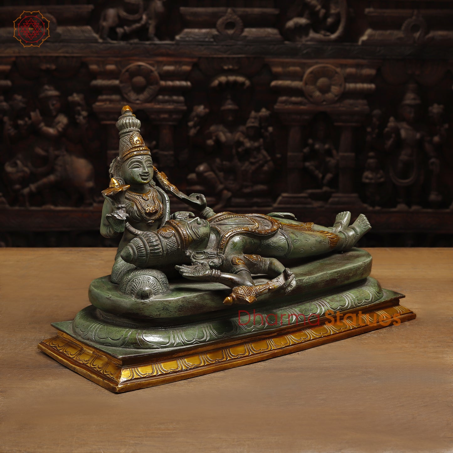 Brass Vishapaharna Lord Shiva Resting in Parvati’s Embrace, Green Patina with Golden Finish, 12"
