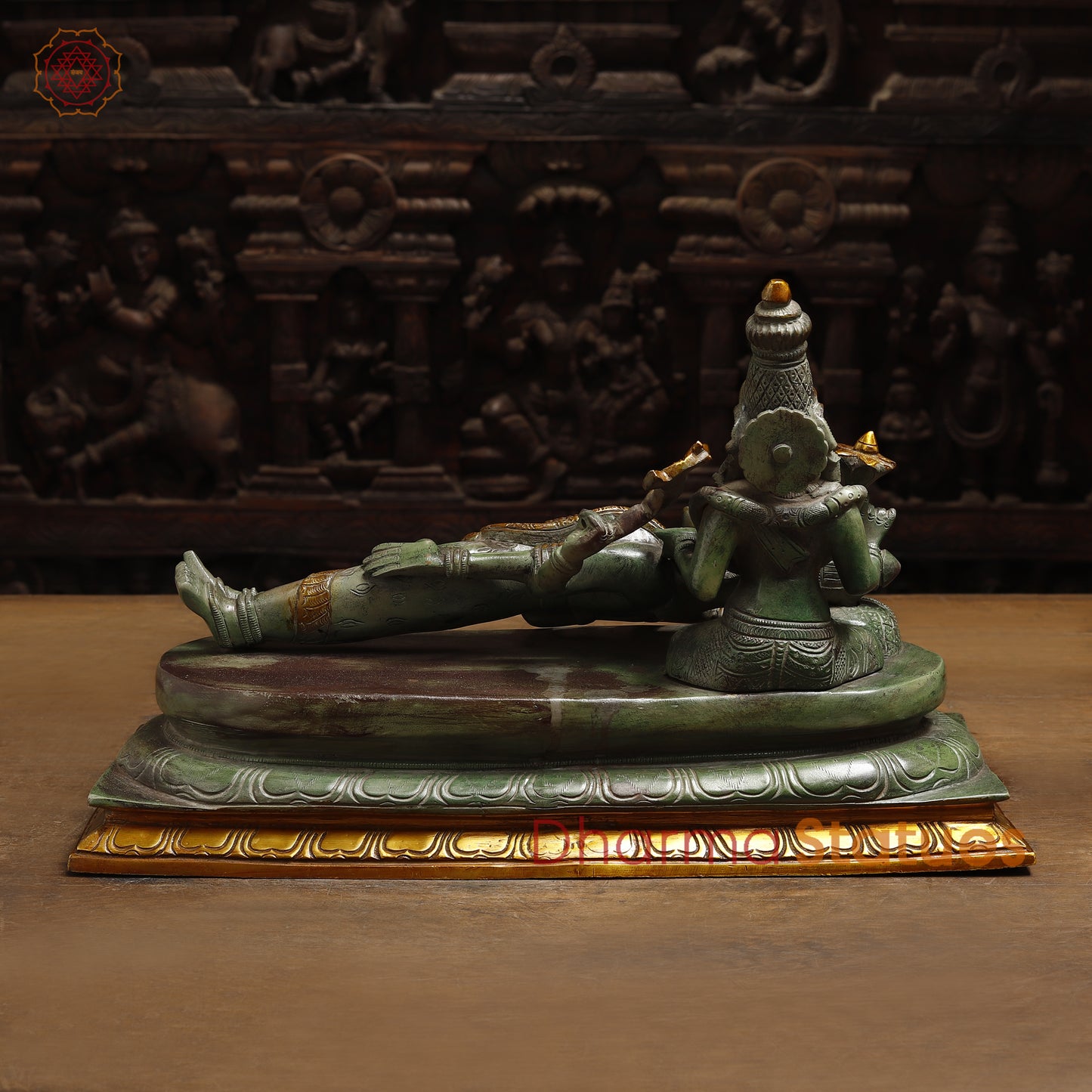 Brass Vishapaharna Lord Shiva Resting in Parvati’s Embrace, Green Patina with Golden Finish, 12"
