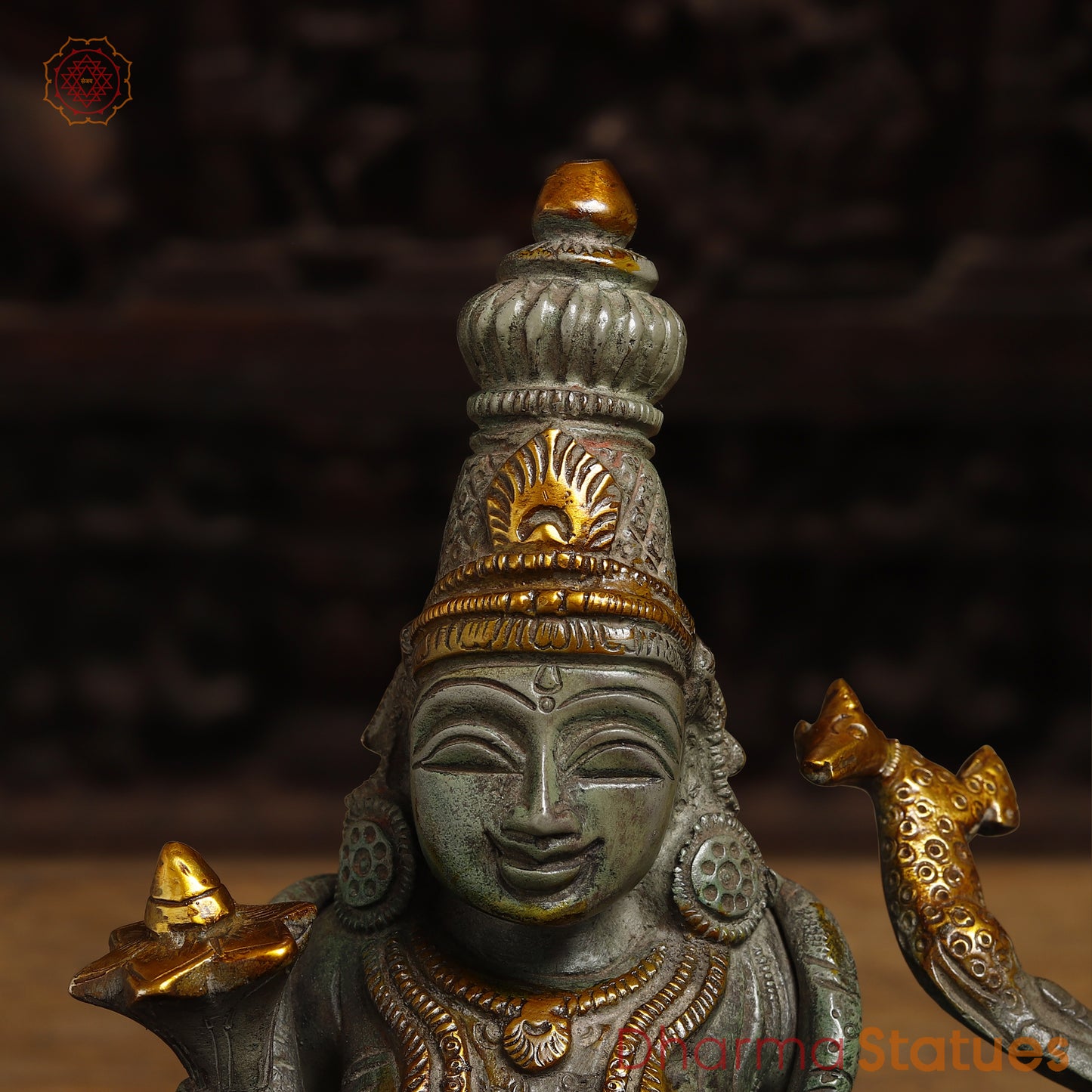 Brass Vishapaharna Lord Shiva Resting in Parvati’s Embrace, Green Patina with Golden Finish, 12"
