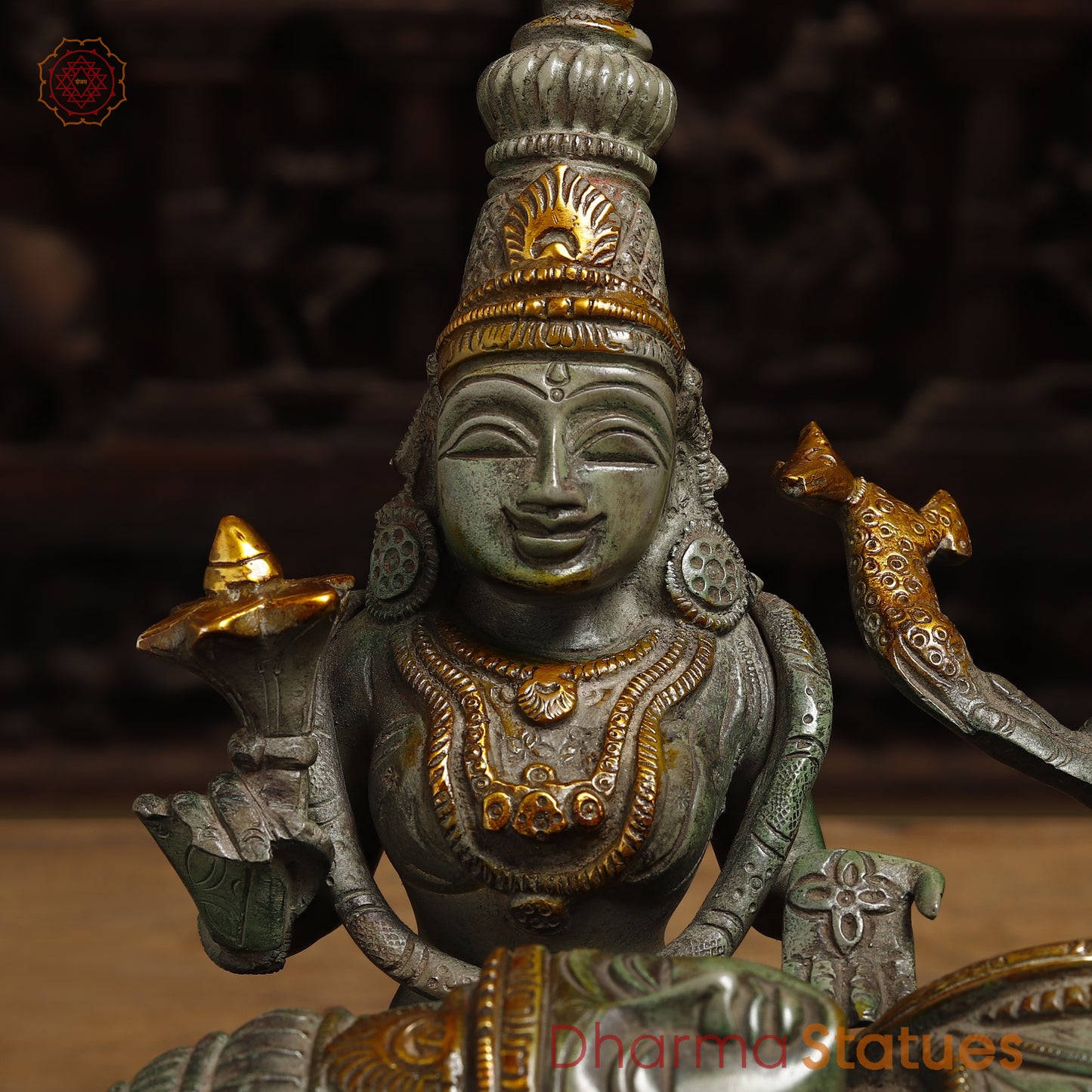 Brass Vishapaharna Lord Shiva Resting in Parvati’s Embrace, Green Patina with Golden Finish, 12"