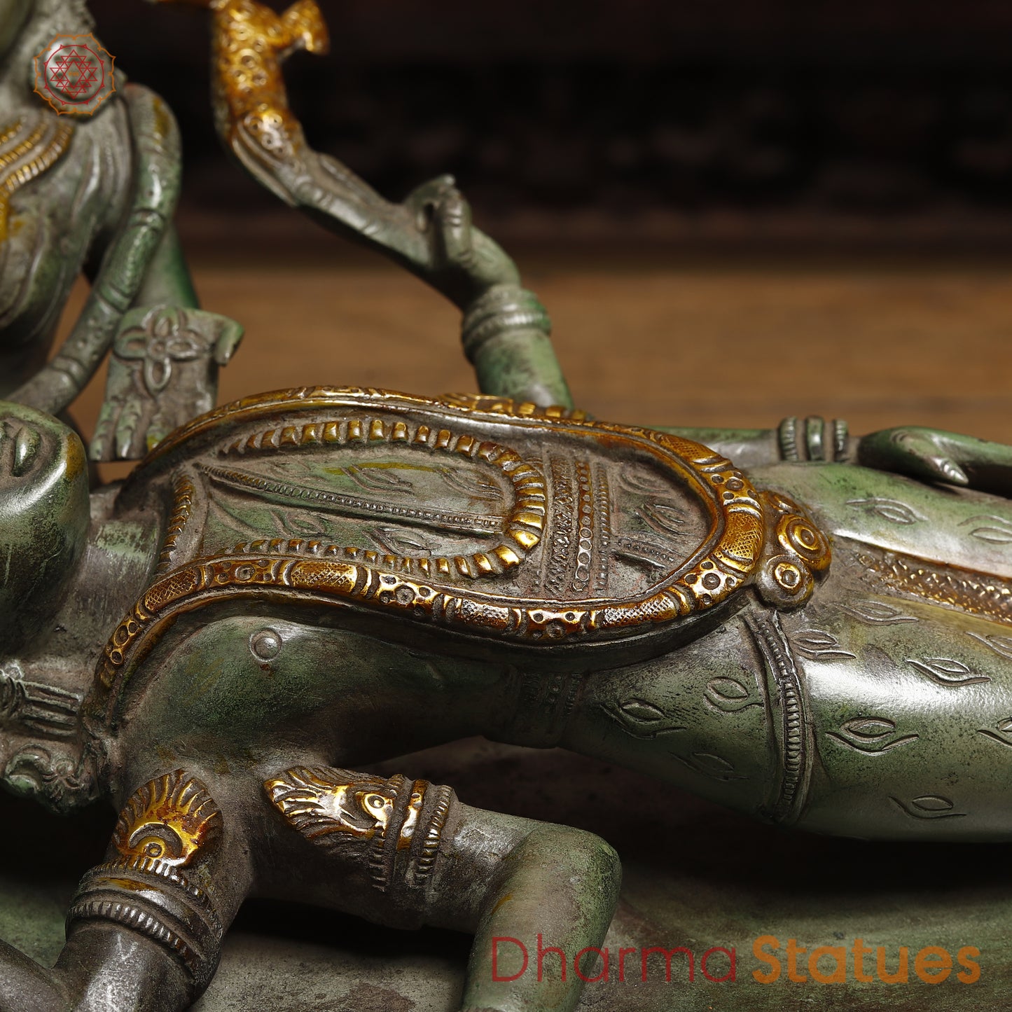 Brass Vishapaharna Lord Shiva Resting in Parvati’s Embrace, Green Patina with Golden Finish, 12"