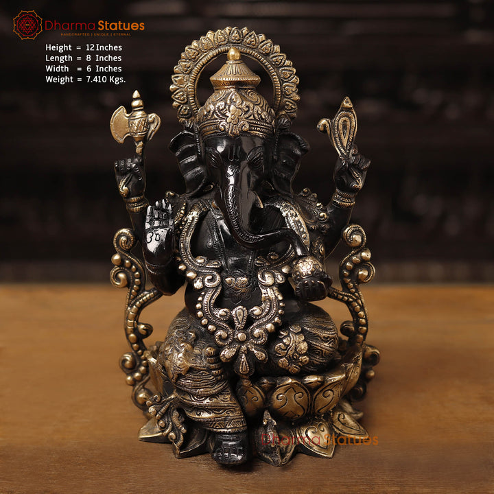 Brass Ganesh Sitting on a Lotus Flower (Black Gold) 12"