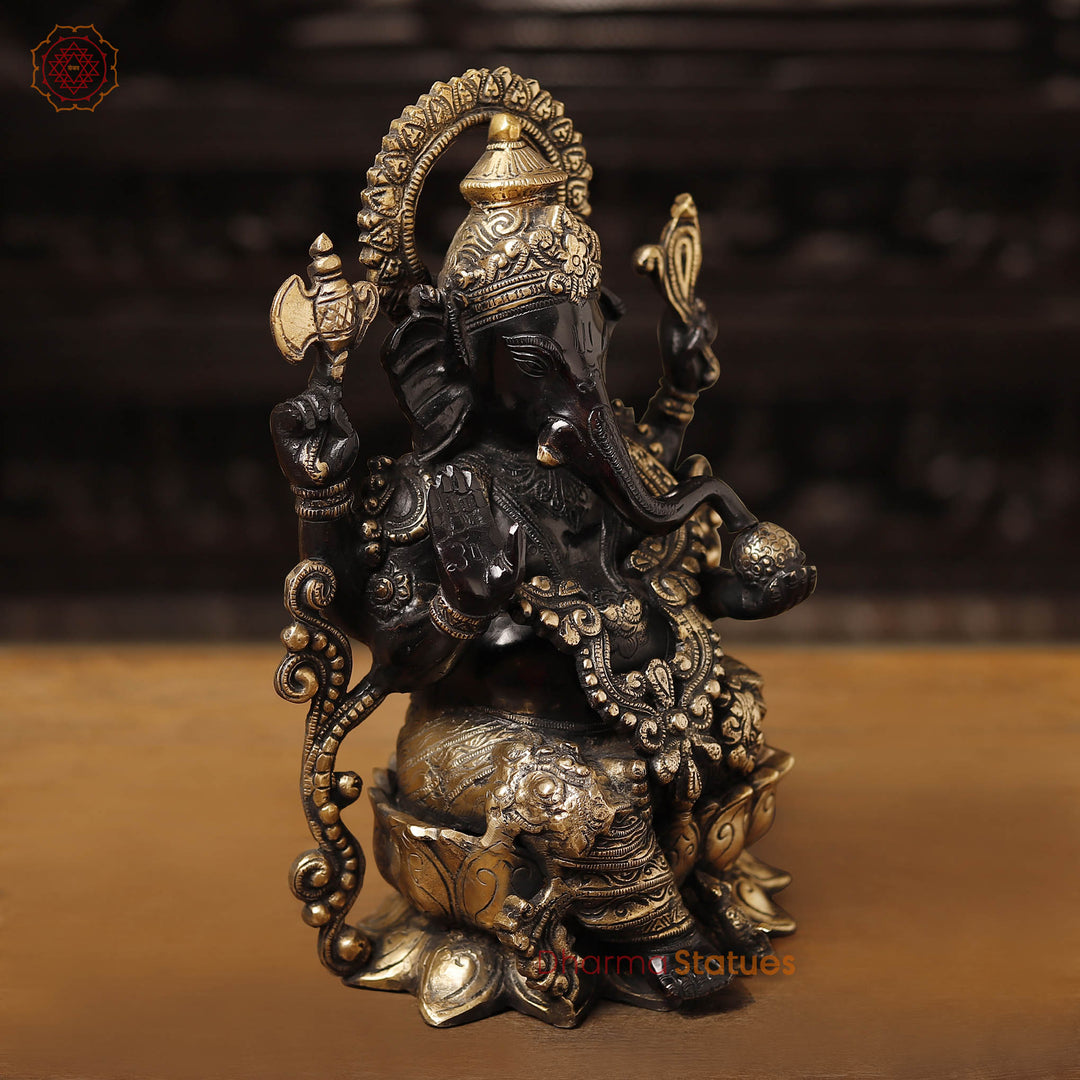 Brass Ganesh Sitting on a Lotus Flower (Black Gold) 12"