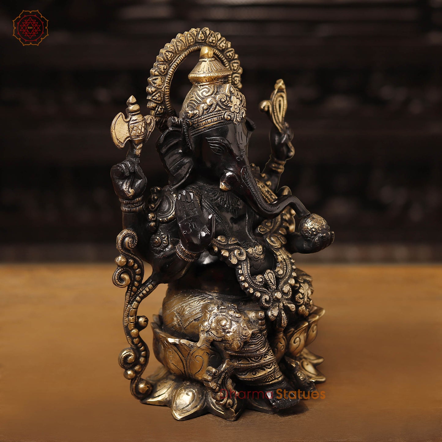 Brass Ganesh Sitting on a Lotus Flower, Black Gold, 12"