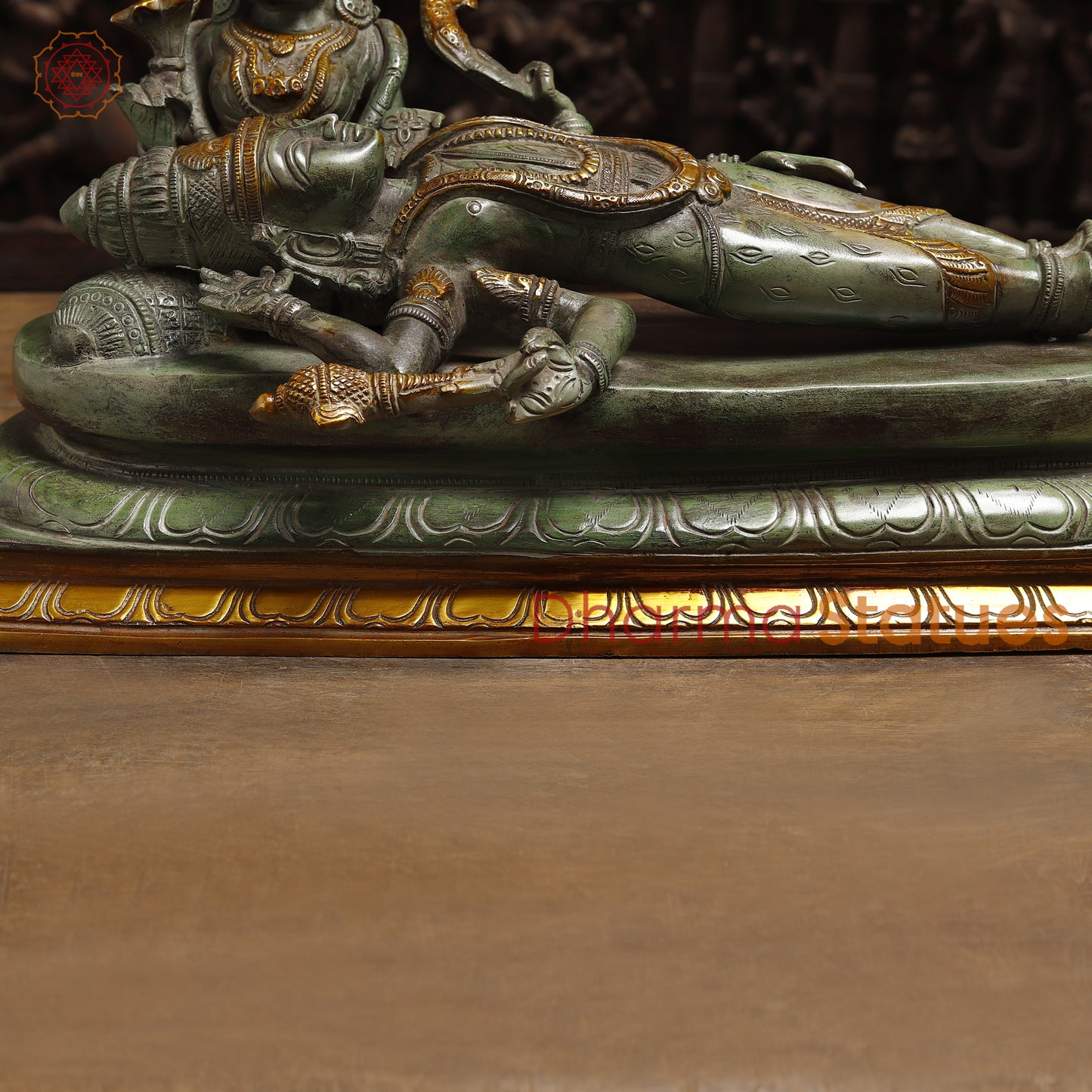 Brass Vishapaharna Lord Shiva Resting in Parvati’s Embrace, Green Patina with Golden Finish, 12"