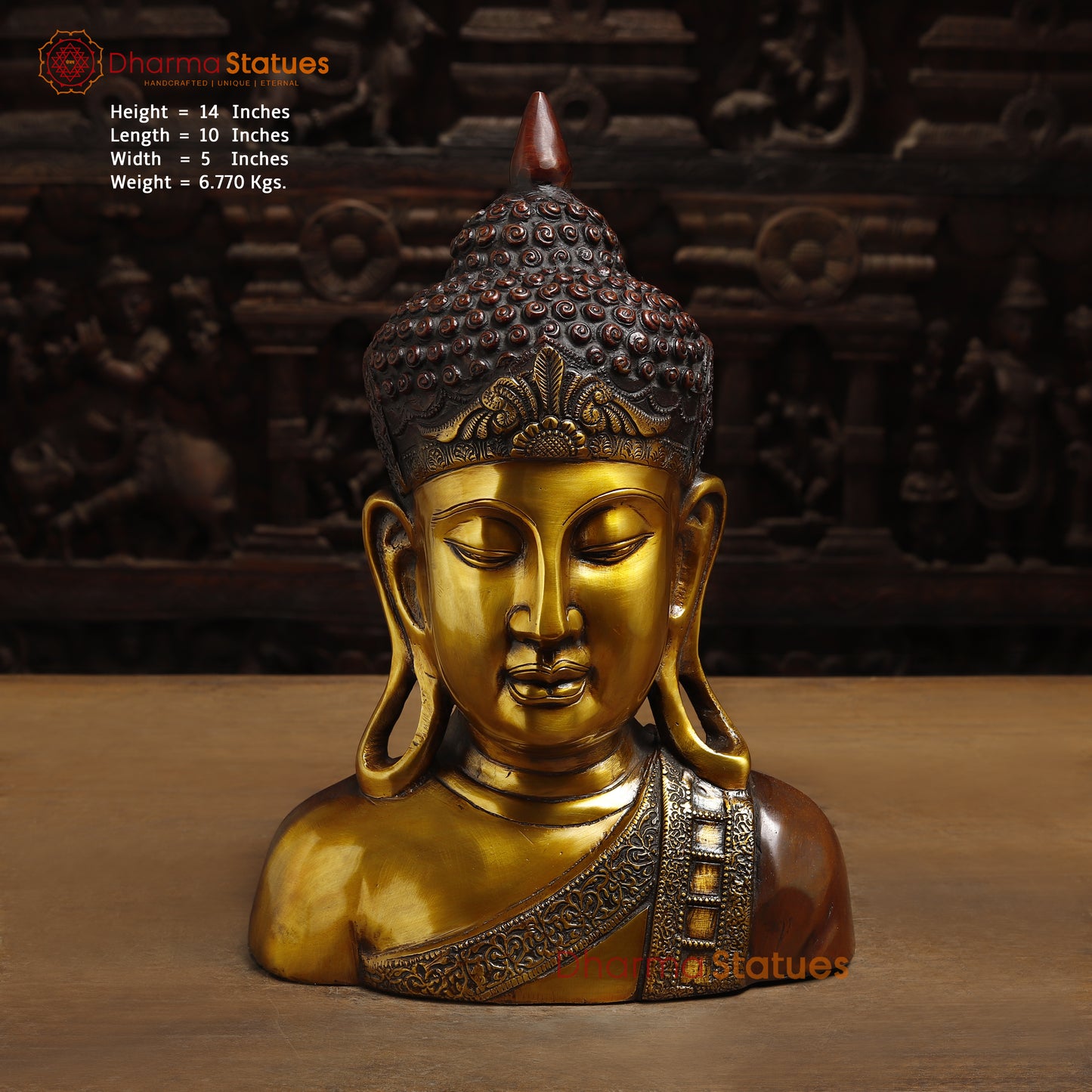 Brass Buddha Statue, Golden & Copper Finish, 14"