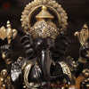 Brass Ganesh Sitting on a Lotus Flower, Black Gold, 12"