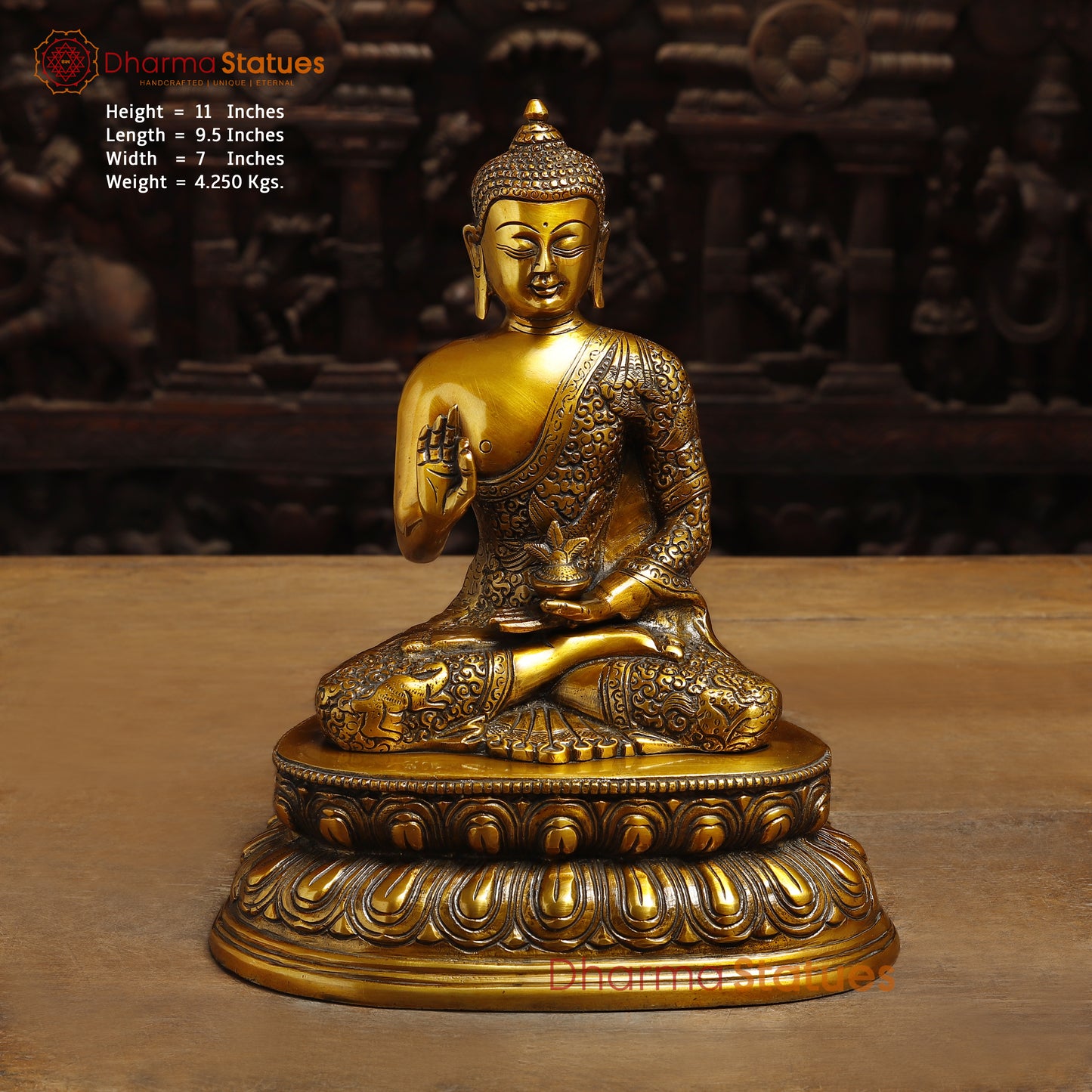 Brass Lord Buddha seated in Blessing Posture, Fine Golden Finish, 11"