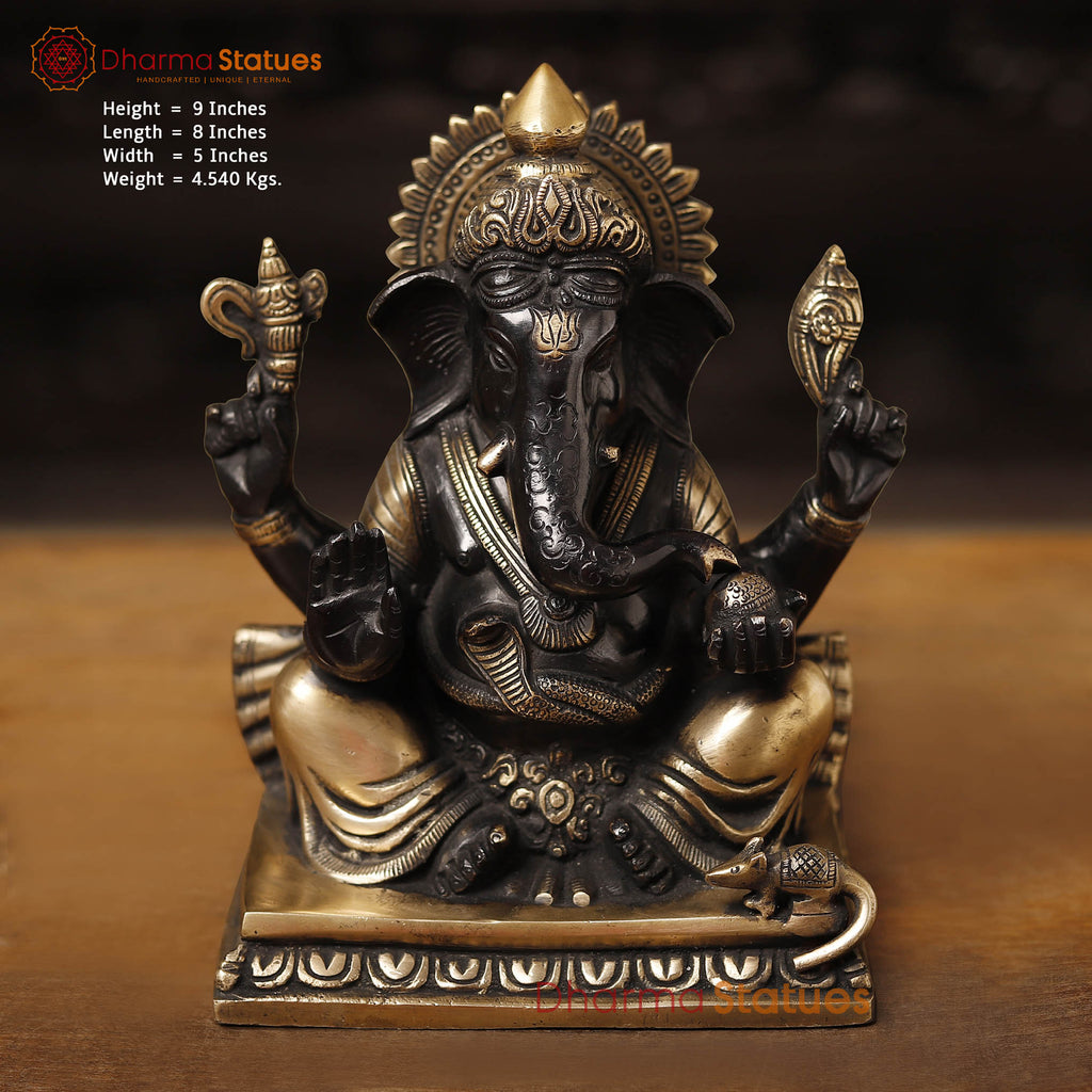 Brass Ganesh Seated on Base, Black Gold, 9" Front View