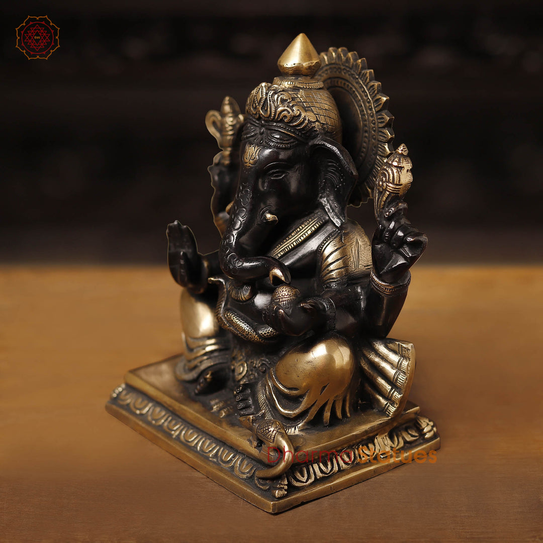 Brass Ganesh Seated on Base, Black & Gold 9"