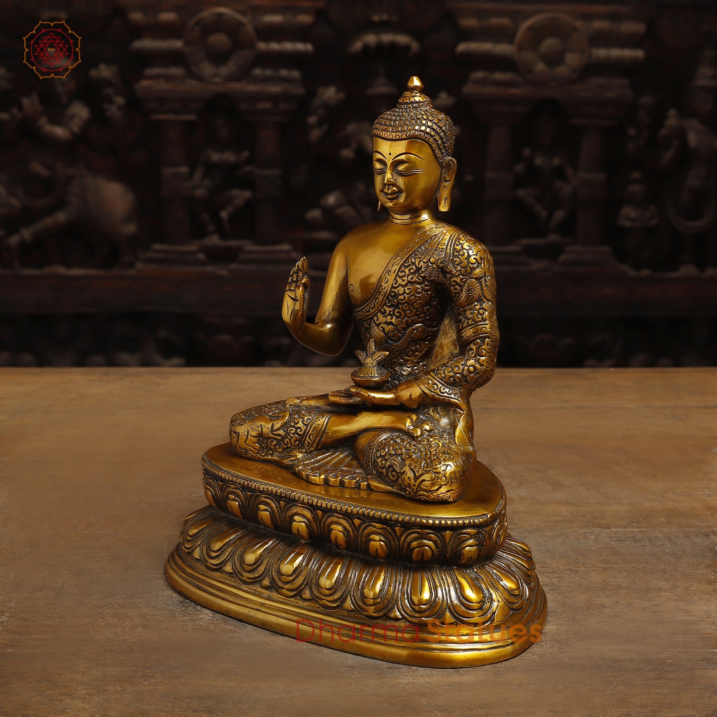Brass Lord Buddha seated in Blessing Posture, Fine Golden Finish, 11"