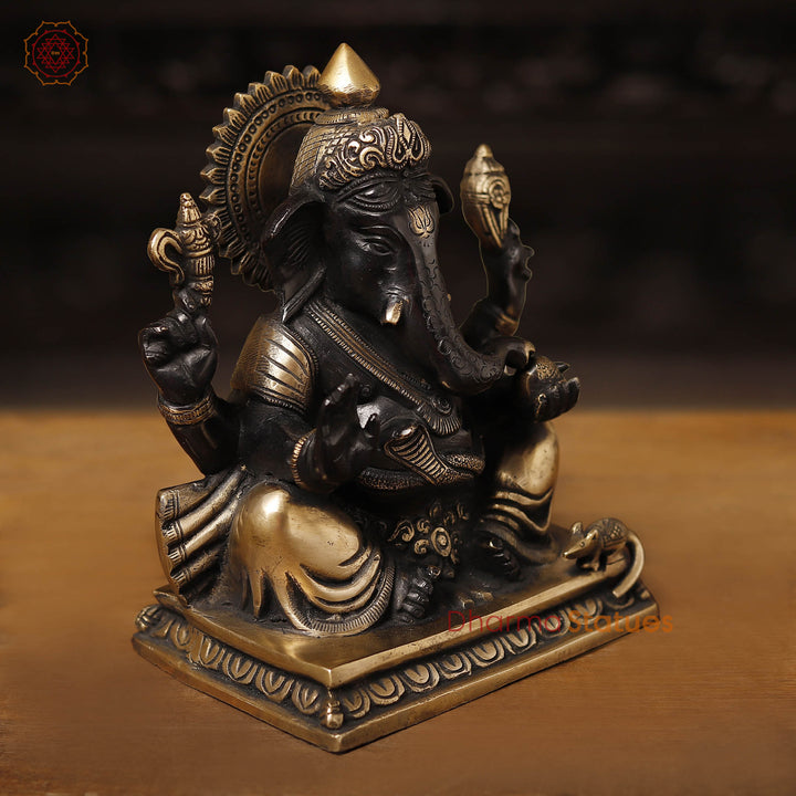 Brass Ganesh Seated on Base, Black & Gold 9"