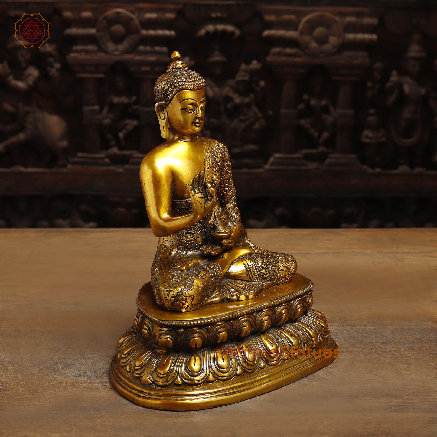 Brass Lord Buddha seated in Blessing Posture, Fine Golden Finish, 11"