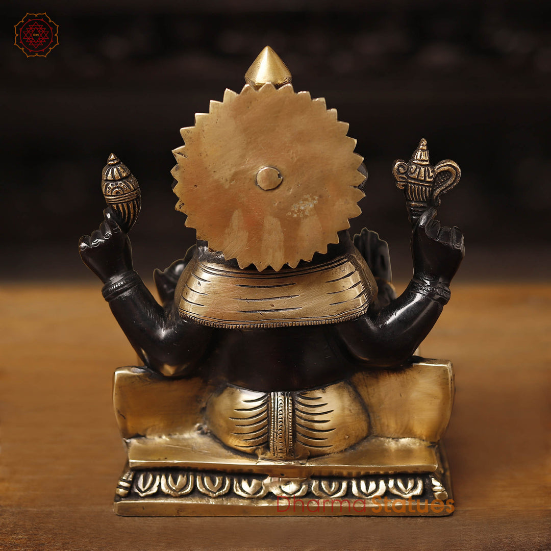 Brass Ganesh Seated on Base, Black & Gold 9"