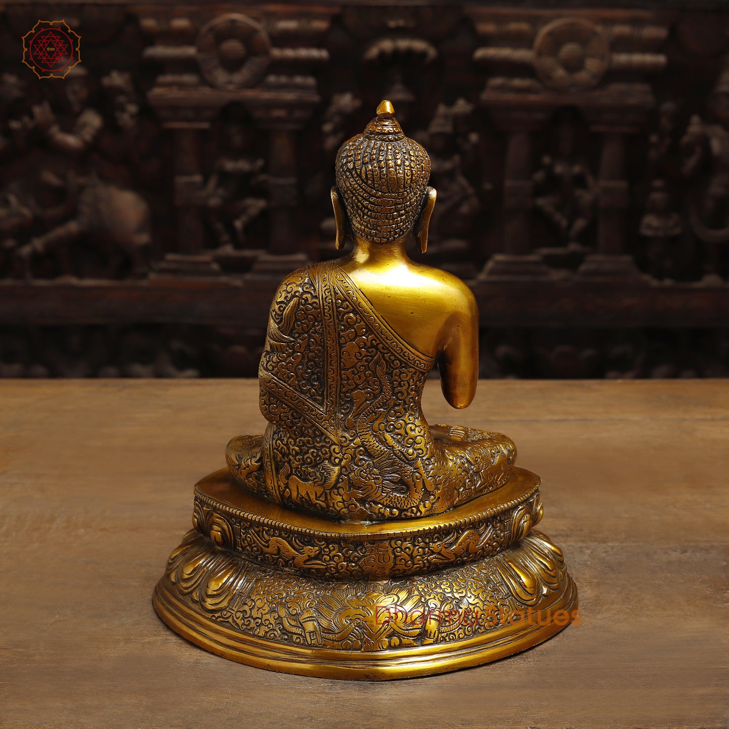 Brass Lord Buddha seated in Blessing Posture, Fine Golden Finish, 11"