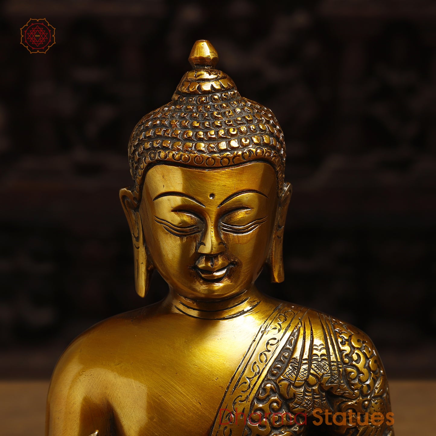 Brass Lord Buddha seated in Blessing Posture, Fine Golden Finish, 11"