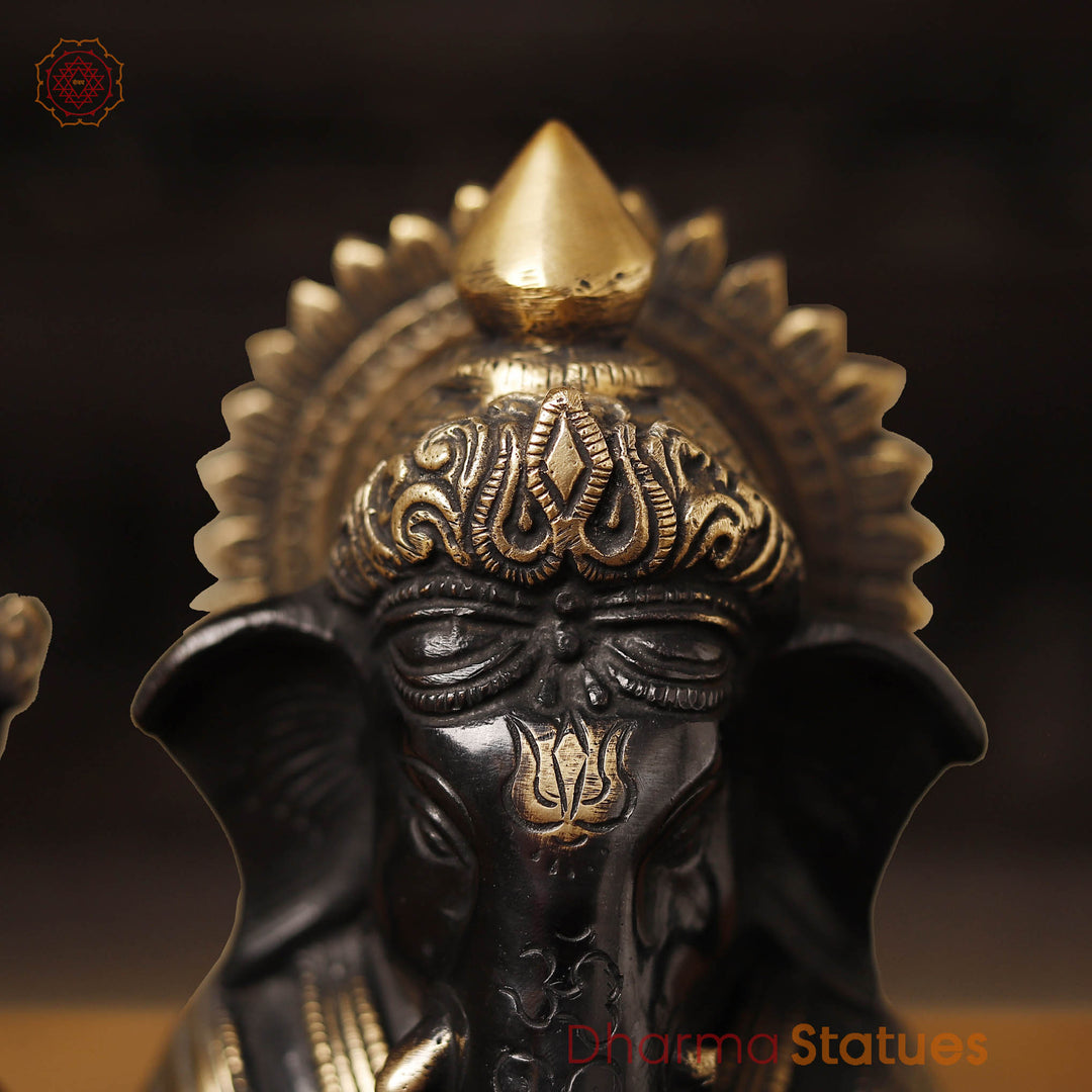 Brass Ganesh Seated on Base, Black & Gold 9"