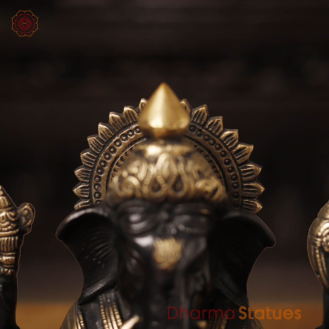 Brass Ganesh Seated on Base, Black & Gold 9"