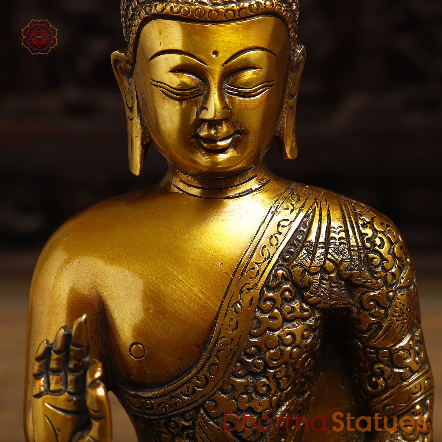 Brass Lord Buddha seated in Blessing Posture, Fine Golden Finish, 11"