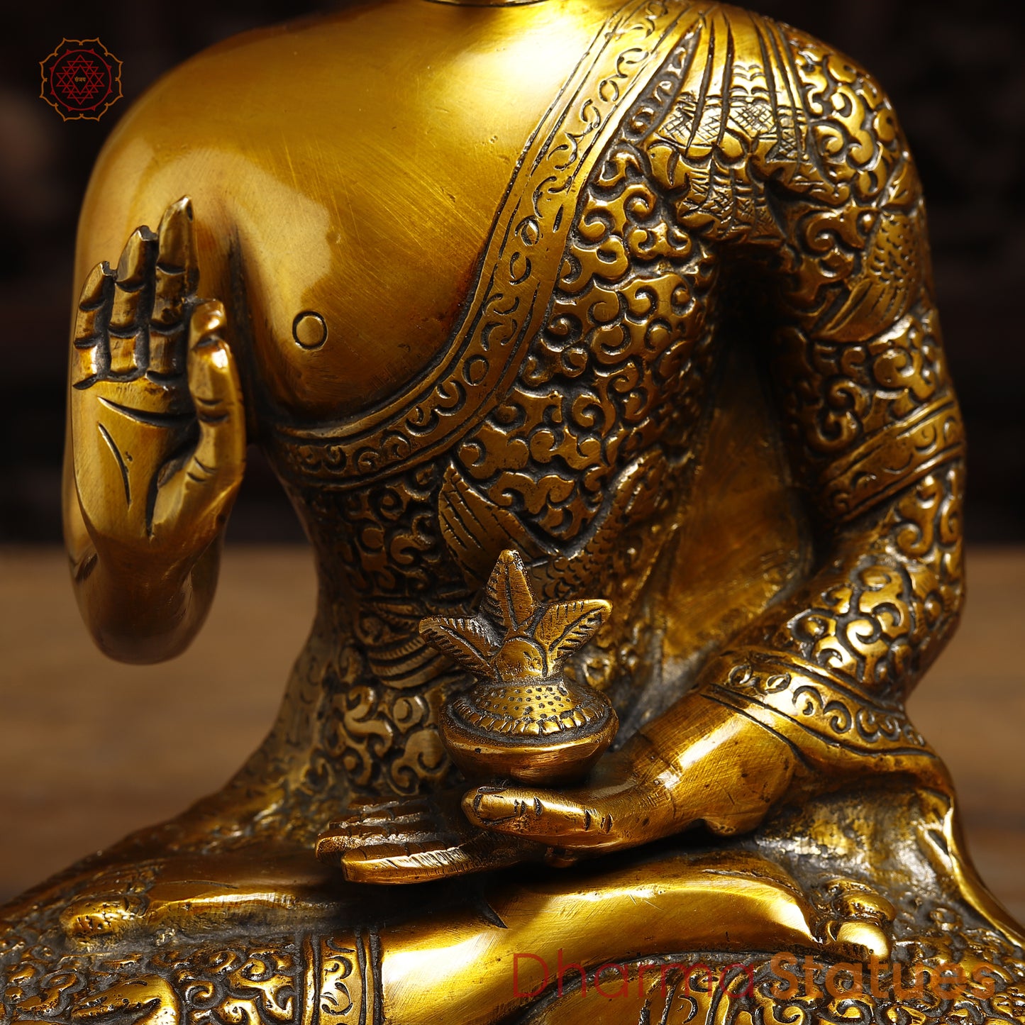 Brass Lord Buddha seated in Blessing Posture, Fine Golden Finish, 11"