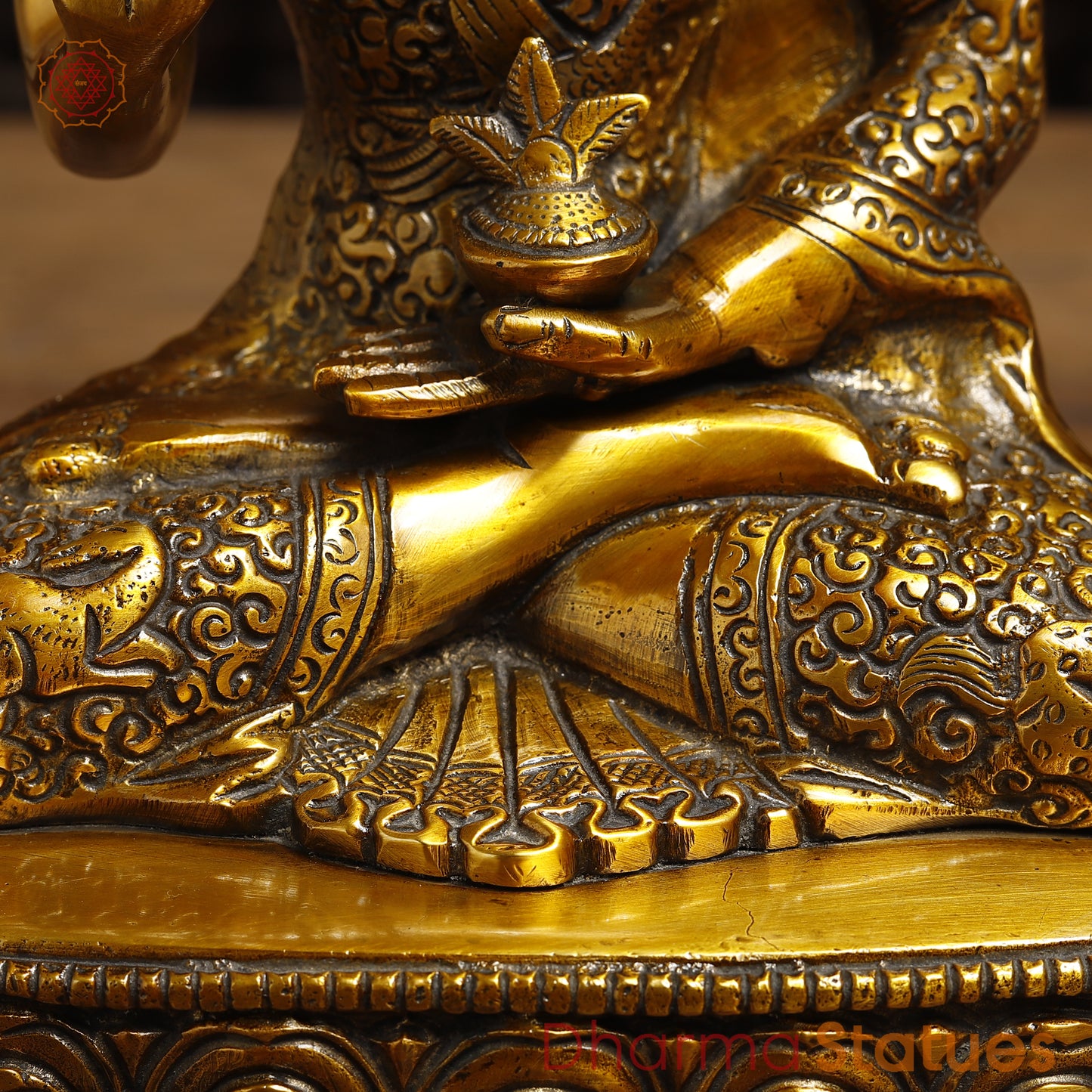Brass Lord Buddha seated in Blessing Posture, Fine Golden Finish, 11"