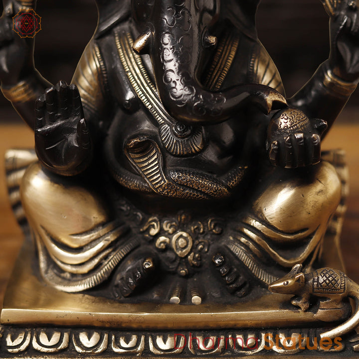 Brass Ganesh Seated on Base, Black & Gold 9"