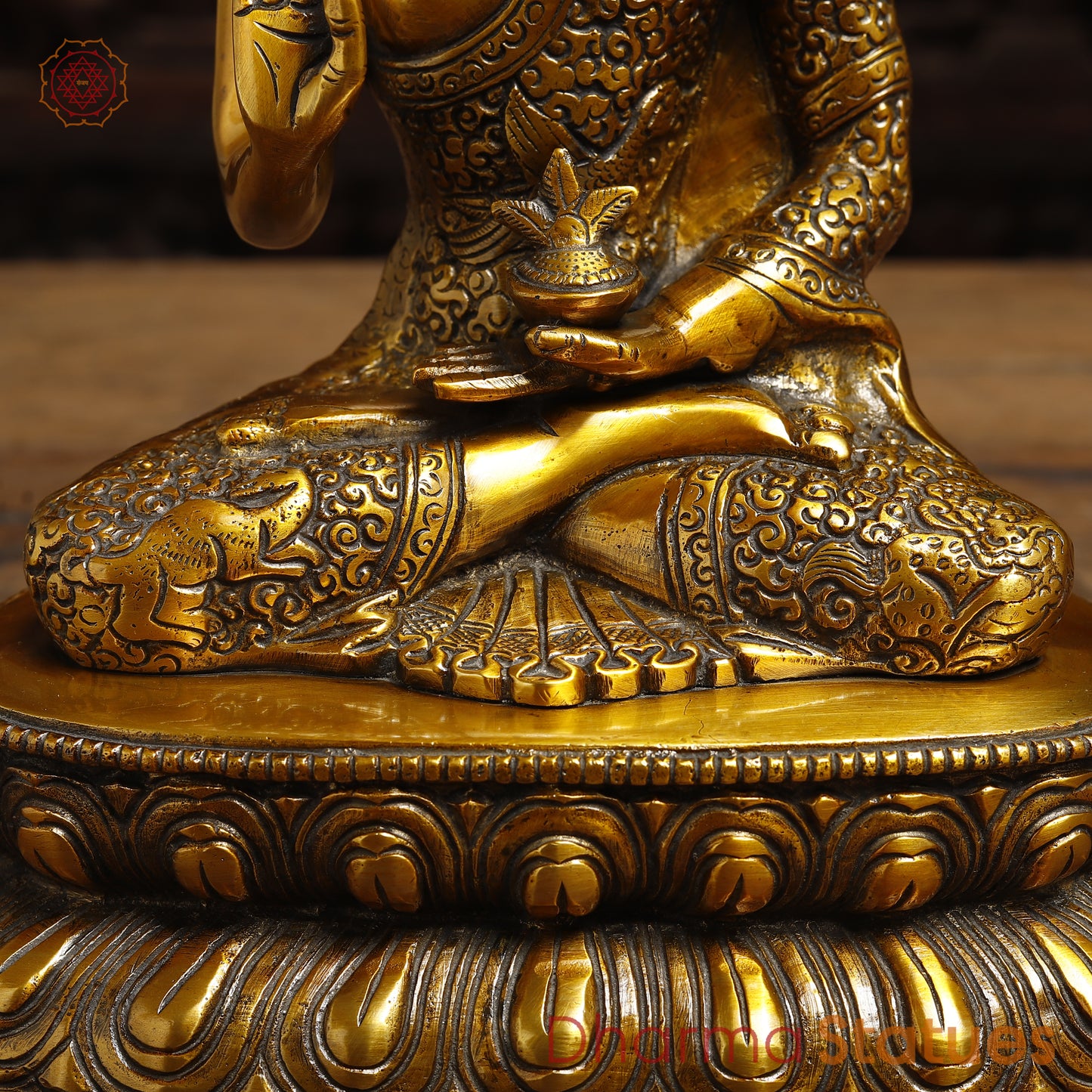 Brass Lord Buddha seated in Blessing Posture, Fine Golden Finish, 11"