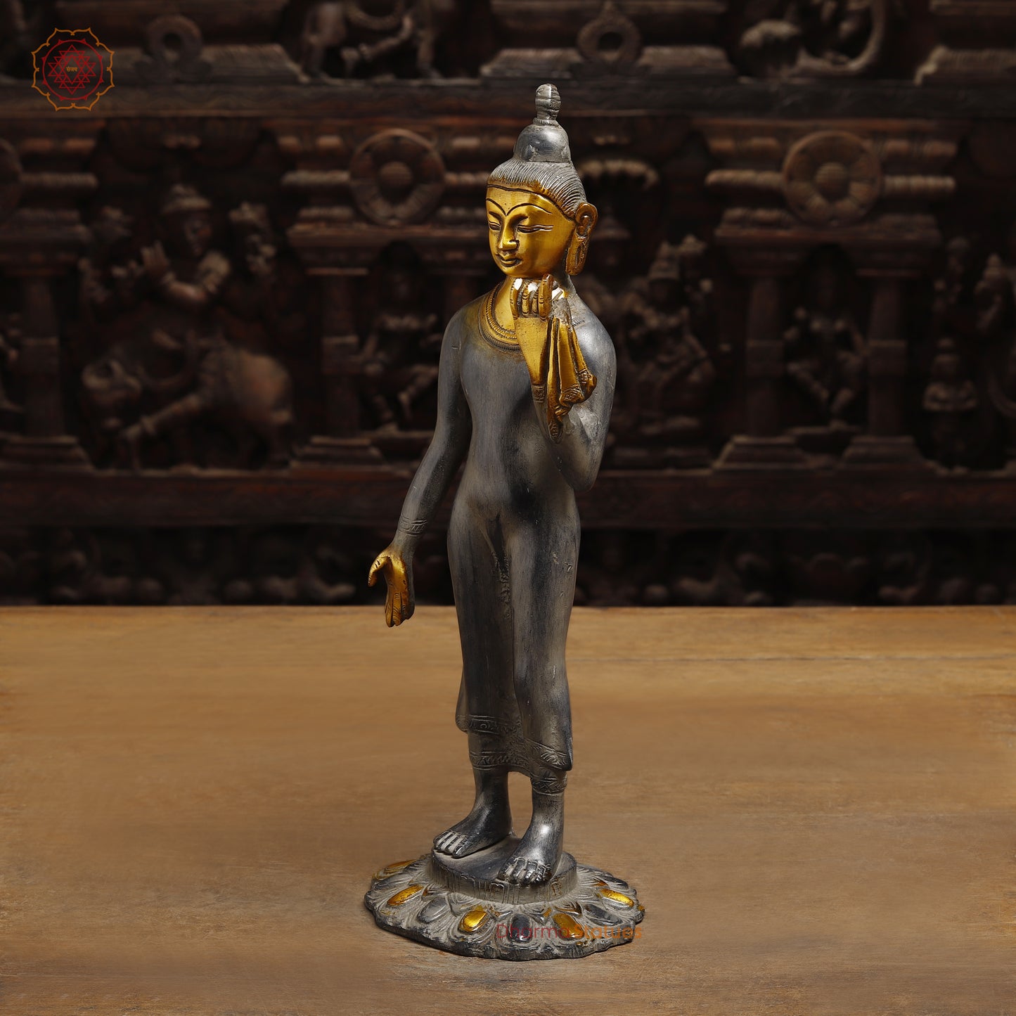 Brass Standing Thai Buddha, Grey & Golden Finish, 14"