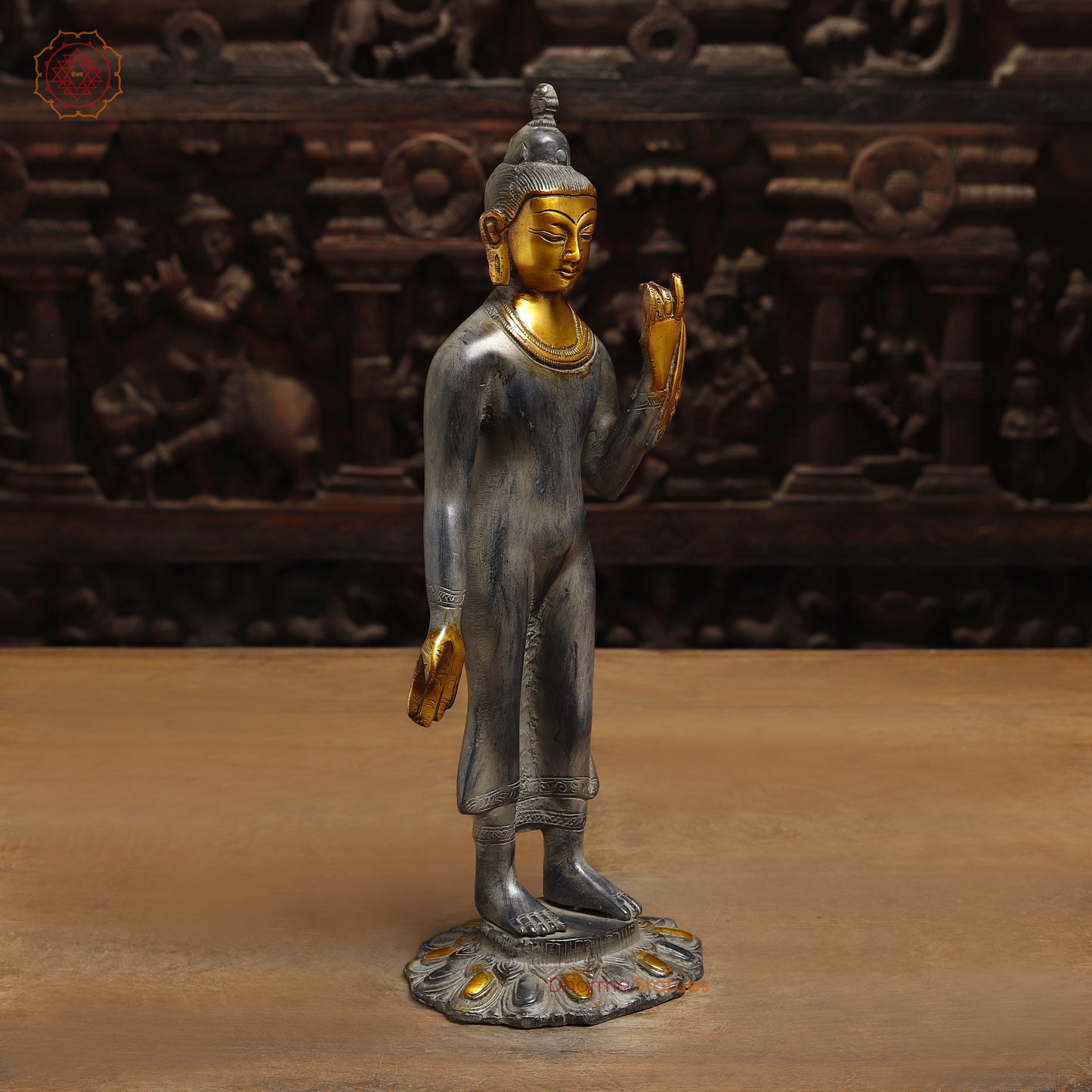 Brass Standing Thai Buddha, Grey & Golden Finish, 14"